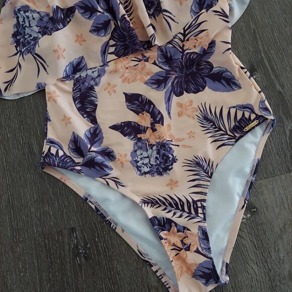 Stylish Swimwear One Shoulder Ruffle Floral Print One Piece Swimsuit Small - Picture 2 of 5